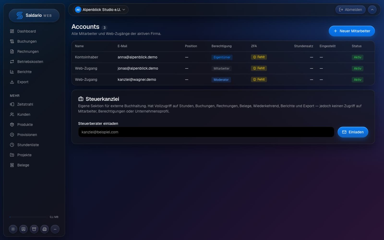 Saldario Team-Verwaltung mit Rollen und Accounts